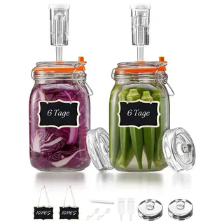1,5L Fermentierglas, Fermentiergläser mit Gärventi & Gewicht, Kimchi Behälter Set mit Aufhängevorrichtung aus Holz und einem Abwischbaren Stift, für Sauerkraut, Kombucha, Gurken uvm (2er-Pack)