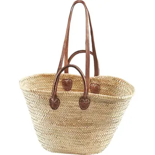 Locker Aufbewahrungskorb Strandtasche Korbtasche Palmtasche mit Ledergriffen und Lederhenkeln 52 x 14 x 31 cm beige
