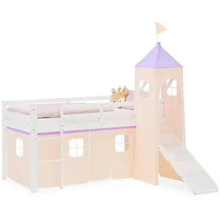 Homestyle4u Hochbett 90/200 cm in weiß Rutsche Turm Bettvorhang peach , Textil , Kiefer , 90x200 cm , Babymöbel & Kindermöbel, Kinderzimmer & Jugendzimmer, Kinderbetten, Hochbetten