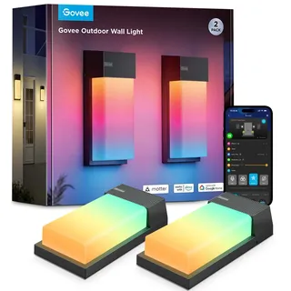 Govee Outdoor Wandleuchte RGBIC, 1500LM Smart LED Wandleuchte Aussen mit 45 Scene Modes, IP65 Wasserdicht für Wandlampe, DIY Wandleuchte, Funktioniert mit Alexa, Google Assistant und Matter, 2 Stück