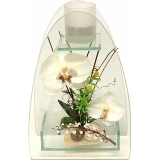 Kunstpflanze I.GE.A. "Orchidee mit Teelichthalter 23/15 cm", weiß, B:15cm H:23cm T:7,5cm, Glas, Kunststoff, Polyester, Kunstpflanzen, Kunstpflanze