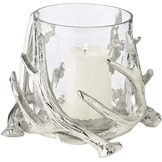 Edzard Windlicht Kingston, Höhe 15 cm, Durchmesser 17 cm, Hirschgeweih Design, Aluminium vernickelt, silberfarben, mit abnehmbarem Glas ohne Boden