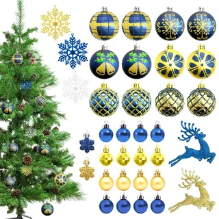 Weihnachtskugeln Kunststoff Blau Gold 45 Stück Set Ø 3-6cm - Robuste und Sichere Christbaumschmuck Set mit Aufhängen - Christbaumkugeln Bunt, Mehrweg Weihnachtsdeko