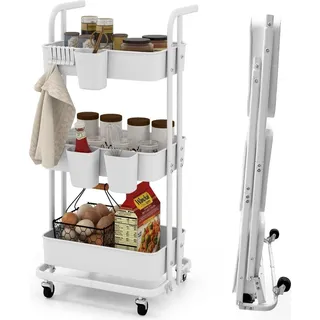 3 Ebenen Rollwagen klappbar mobiler Servierwagen auf Rollen Küchenwagen aus Metall mit Griff Weiß