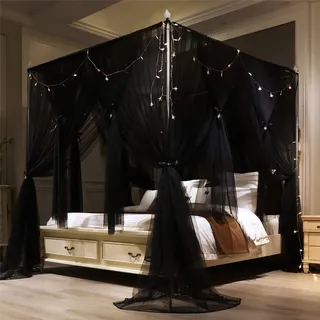 VETHIN Betthimmel-Vorhang mit 4 Ecken, doppelschichtig, gemütliches Drapiernetz, 4 Öffnungen, Moskitonetz für Mädchen und Erwachsene, Schlafzimmer, Dekoration, Zubehör (Doppelbett, Schwarz, 162,6 cm B