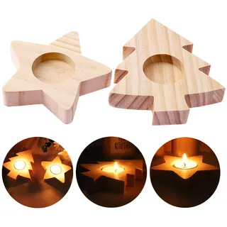 ALLAVA 2 Stück Teelichthalter Weihnachten, Kerzenständer Teelichthalter Holz Sternen und Weihnachtsbaum, Kerzenhalter ideal für Weihnachten Deko, Tischdeko, Party, Geschenk
