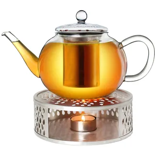 Creano Teekanne aus Glas 1,6l + EIN Stövchen aus Edelstahl, 3-teilige Glasteekanne mit integriertem Edelstahl Sieb und Glasdeckel, ideal zur Zubereitung von losen Tees, tropffrei