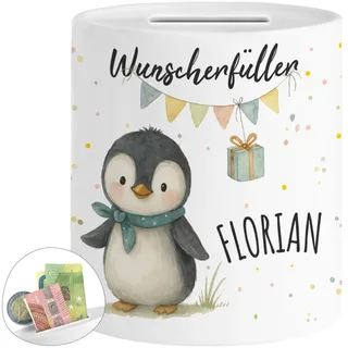 Tassenliebling® Wunscherfüller Spardose Pinguin personalisiert mit Name - Spardose Kinder mit Tiermotiv - Kinderspardose Mädchen Jungen - Sparschwein, Sparbüchse Geburtstag, Weihnachten, Geburt