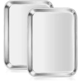 TEAMFAR Backblech 2er Set, Edelstahl Backform Kuchenblech 23,6x17,8cm | Rechteckigies Backblech Mini 2,5cm tief, Grillschale, Backen Kochen Servieren, Gesund, Hochglanzpoliert, Spülmaschinenfest