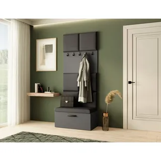 Garderobe MARGARET I, Farbe: Graphit + Schwarz , mit gepolsterten Paneelen und Kleiderhaken - Schwarz, Grau