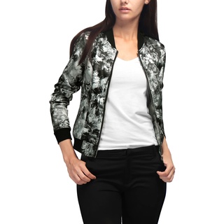 Allegra K Damen Bunt Blouson Frühling Sommer Bomberjacke Blumenmuster Reißverschluss Jacket Grau L