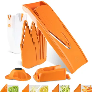 Börner Gemüsehobel V1 (Profi Set) • V-Hobel mit 4 Einsätzen, Fruchthalter, Dockingstation & Box • Verstellbarer Hobel für Gemüse & Obst • Für Scheiben, Streifen & Würfel • Farbe: Orange