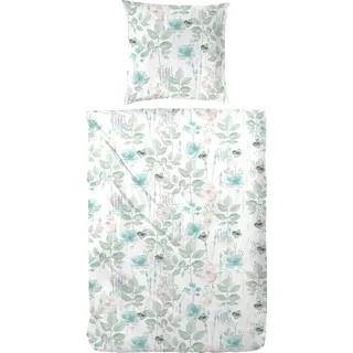 Primera Bettwäsche "Aquaflower", grün (weiß, grün), B/L: 135cm x 200cm, 1 Stk., 1 Stk., Flanell, B/L: 80cm x 80cm, 2 Stk., Flanell, Obermaterial: 100% Baumwolle, Bettwäsche, Bettwäsche, mit zarten Blumen