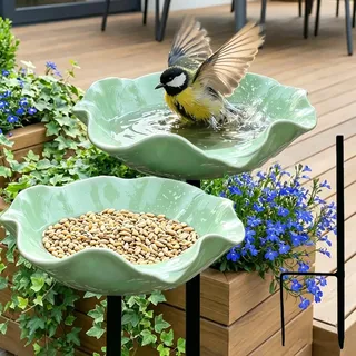 Vogeltränke Blume, Bienentränke Keramik mit Bodensteckdose - Bienentränke Gartenstecker & Insektentränke, Wasserschale und Vogelfutterstelle, Dekorative Keramikblüten Blumenstecker (C2)