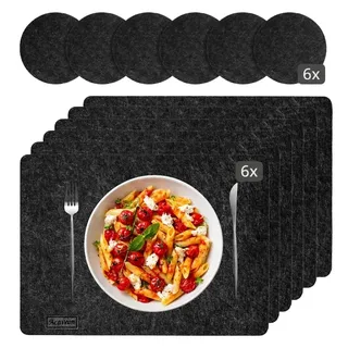 ACAVEON Tischsets Abwaschbar aus Filz - 12er Set - Platzsets Hitzebeständig, 6 Teller Untersetzer und Glasuntersetzer für Esstisch - Platzdeckchen im Skandinavischen Design, Filzset Anthrazit, 44x32cm