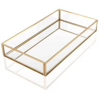 Dekotablett Glas Gold, Tablett Deko Spiegel, Kosmetik Tablett Gold, Spiegeltablett Dekotablett, Kosmetik Organizer Aufbewahrung Tablett, für Schminktisch Kommode Badezimmer Schlafzimmer, 20*14*3,5 cm
