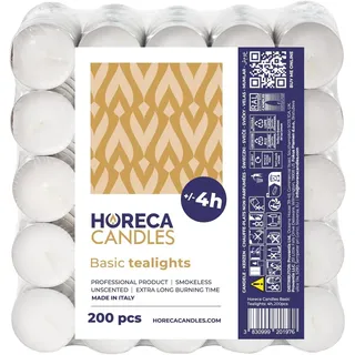 Horeca Candles - Teelichter mit 4 Stunden Brenndauer - 200 Stück, Weiß - Ohne Duft - Paraffinwachs - Hochzeit, Dekorieren, Feiern, Entspannen, Party
