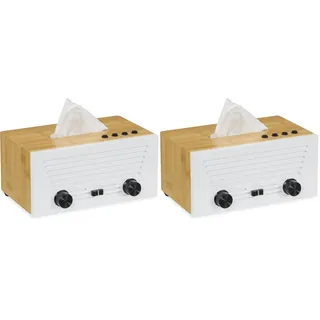 Relaxdays Kosmetiktücherbox, Taschentuchbox im Radio-Design, für Kosmetik- & Taschentücher, Tuchbox, Bambus, weiß/Natur (Packung mit 2)