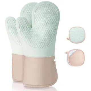 Romon Ofenhandschuhe, Topfhandschuhe Topflappen mit Silikon Handschuh Backofen 4er Set, Hitzebestaendig 350° und Extra Lang Waschbare, Backhandschuhe Kochhandschuhe zum Kochen Backen Grillen, Grün