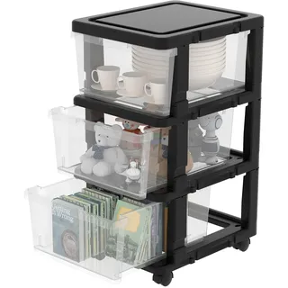 Cetomo Schubladenbox, Schubladenschrank, Aufbewahrungsturm mit Rollen, Kunststoff Schubladencontainer, Rollcontainer für Büro, Schlafzimmer, Wohnheim, Über DIN A4, Schwarz & Transparent - 3 Schubladen
