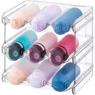 Relaxdays Flaschenhalter Set, stapelbar, 9 Flaschen, 3 Etagen, transparent | HxBxT: 26 x 28 x 20 cm, Kühlschrank Organizer