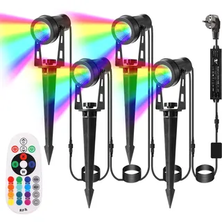 B-right RGB Gartenbeleuchtung mit Strom, 4er Gartenbeleuchtung LED außen mit Stecker, IP65 Wasserdicht Gartenstrahler mit erdspieß, Gartenleuchte mit Fernbedienung, Gartenlampe für Rasen Teich Weg