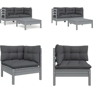 vidaXL 3 tlg. Garten Lounge Set mit Kissen Grau Kiefer Massivholz - Garten-Lounge-Set - Garten-Lounge-Sets - Gartenmöbel-Set - Gartenmöbel-Sets - Grau