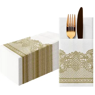 PAW - Besteckservietten aus Airlaid - Stoffähnlich (1/8 falz) | 25 Stück | Ideal für Hochzeit, Taufe, Kommunion, Geburtstag | Serviettentaschen für Besteck | Silber Royal Lace