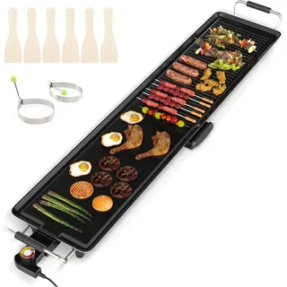COSTWAY Teppanyaki Grill 1800W, Elektrogrill Grillplatte, Antihaft Tischgrill mit einstellbarer Temperatur, Thermostat & Fettauffangschale 100cm - Schwarz