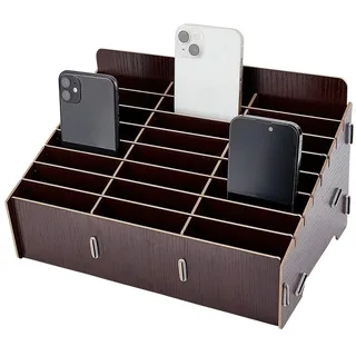 BENECREAT 24-Gitter-Aufbewahrungsbox Für Die Handyverwaltung Aus Holz, Schwarze Handy-Aufbewahrungsbox, Schreibtisch-Organizer Für Büro- Und Schulbedarf, Walnussfarbe