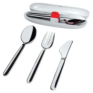 Alessi Alessi, Food à Porter SA04S3 G, Reisebesteck: Löffel, Gabel, Messer aus Edelstahl 18/10. Etui aus thermoplastischem Harz, grau.