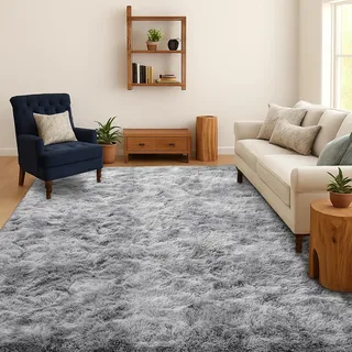 SOANNY Teppich Wohnzimmer Waschbar Anti-Rutsch 120x180 cm, Hellgrau | Hochflor, Langflor, Flauschig, Weich, Tie-Dye, Pflegeleicht, Für Wohnzimmer Schlafzimmer Kinderzimmer Büro Bettumrandung