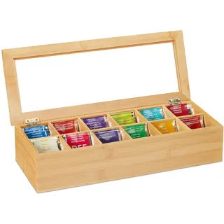 Relaxdays Teebox, Bambus, 12 Fächer, Teekiste mit Sichtfenster, Organizer für Teebeutel, HxBxT: ca. 9x41x16 cm, natur, Hellbraun