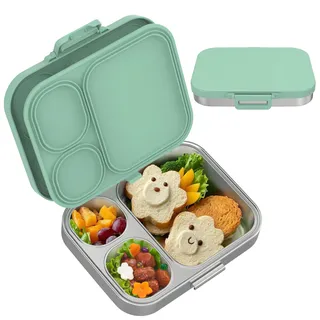 VITONIS 1000 ml Edelstahl Brotdose Lunchbox Kinder, Metall Bento Lunch Box mit 3 Fächern, Silikondeckel, Spülmaschinenfest, Auslaufsicher, BPA frei, für Kinder und Erwachsene (Grün)