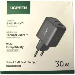 UGREEN 30W 3-Port GaN II Fast Wall Charger, USB-A & 2 x USB-C Black - Schwarz
