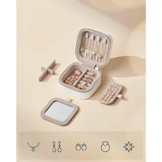 Schmuckkästchen , Weiß, Goldfarben , Metall, Glas, Textil, Leder, Holzwerkstoff , Lederlook , 10.5x6x10.5 cm , Ringhalter, Kosmetikspiegel, verschließbar , Kleinmöbel, Schmuckkästchen & Schmuckschränke