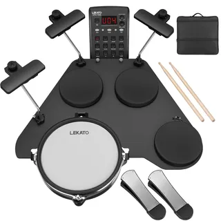 LEKATO Elektronisches Schlagzeug-Set mit leisen Mesh-Pads, CPD-1000 Tragbares elektrisches Schlagzeug-Set, 20+ Sounds, USB MIDI, 2 verbesserte Pedale, Sticks, Reisetasche