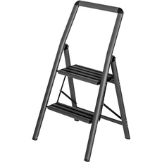 WENKO Aluminium Leiter Compact, 44 cm höher, Klapp-Trittleiter, 2 rutschsichere Stufen, Sicherheitsbügel & Haltegriff, 45,5 x 91,5 x 6 cm, Dunkelgrau