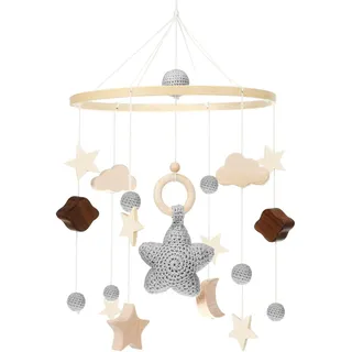 Auauraintt Mobile babybett,ausgestattet mit niedlichem Sternanhänger, mit Filzkugel-Hängedekoration, Holz Mobile Baby Windspiel,geeignet für Kinderzimmer, Geschenk für Baby Mädchen oder Jungen