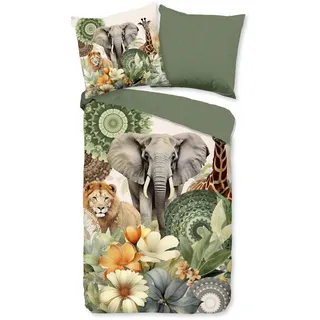 HIP Wendebettwäsche »Sagadar« 3 Stk., tlg. Satin, Baumwolle, Reißverschluss, Wende, Löwe, Elefant, Giraffe, grün, grün