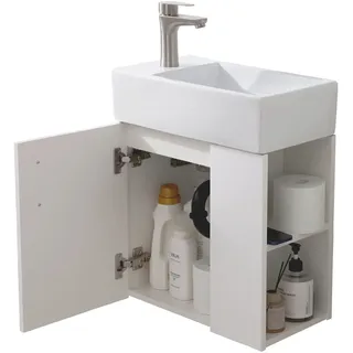 Schwänlein® 45cm Waschbecken Gäste Wc mit Unterschrank Weiß Hand Waschbecken für Badezimmer Gäste WC Keramik Badezimmerset