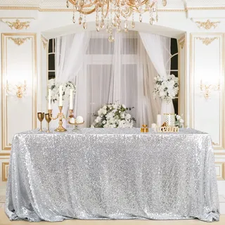 B-COOL 60x102 Inch Rectangle Silver Sequin Tablecloth: Glitter Table Linens for Wedding, Christmas & More