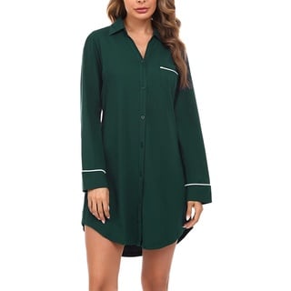 Doaraha Nachthemd Damen mit Knöpfen Langarm Schlafshirt Sexy Knopfleiste Boyfriend Sleepshirt mit Kragen (Dunkelgrün, XL)