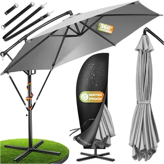 KESSER® Alu Ampelschirm Sonnenschirm + Abdeckung Ø300 cm / Ø350 cm mit Kurbelvorrichtung Kurbelschirm mit Ständer UV-Schutz Aluminium Wasserabweisende Bespannung - Schirm Gartenschirm Marktschirm - Hellgrau