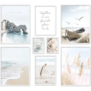 ARTFAVES® Poster Set - NORTH SEA MAGIC - mehrteilige Wanddeko Wohnzimmer & Schlafzimmer - 8 moderne Wandbilder nordsee, strand, maritim, küste, sommer, blau, hellblau, meer - ohne Bilderrahmen