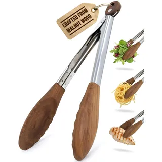 Küchenzange Holz 30 cm Walnussholz, Holzzange Küche zum Kochen Servieren Grillen, Kochzange Holz mit Edelstahl Feder, BPA Frei Hitzebeständig bis 315°C, Antihaftbeschichtung Sicher Grillzange Holz