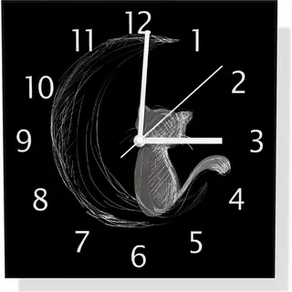 Wallario Design Wanduhr Katze sitzt auf dem Mond - illustriert in weiß auf schwarz aus Aluverbund, Größe 30 x 30 cm - Gelb