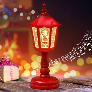 Weihnachtsdeko Laterne, Weihnachts Schneekugel Laterne mit Musik, Weihnachten Deko, Weihnachtslaterne Vintage mit Glitzernde Schneekugel Nachtlicht, USB und Batteriebetrieben für Kamins Tischdeko