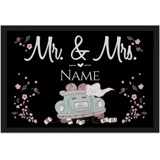 Print Royal Personalisierte Fußmatte mit Namen - Mr und Mrs mit Auto - Geschenke zum Einzug | rutschfest, 60x40cm mit Gummirand