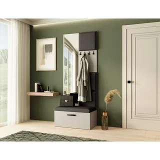 Garderobe MARGARET III, Farbe: Kaschmir + Schwarz, mit gepolsterten Paneelen, Spiegel und Kleiderhaken - Beige, Schwarz
